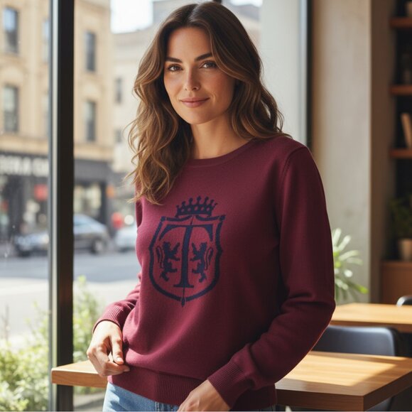 Talbots Maroon and Navy Crest Pattern Cotton Blend Crew Neck Sweater Size Medium - Picture 1 of 6